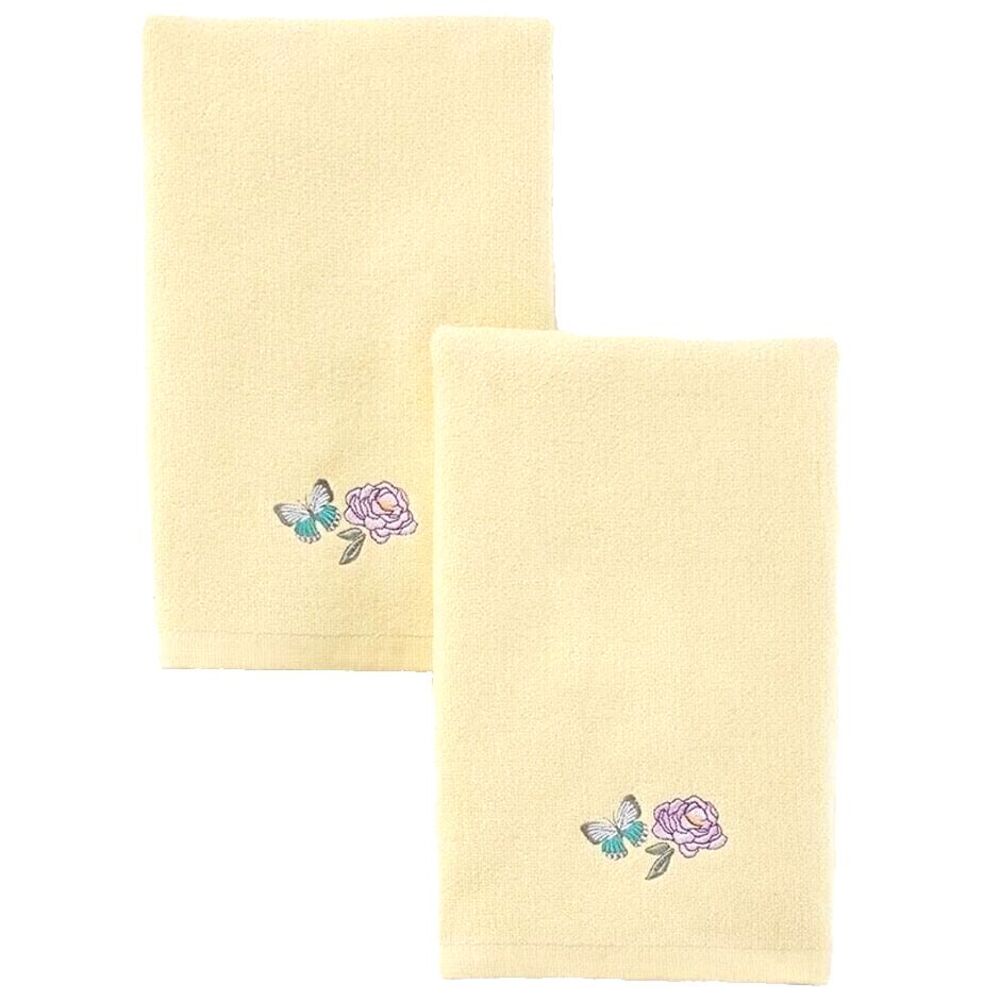 Valentina Embroidered Butterfly Floral Hand Towels Cotton Pale Yellow 2-Pc NEW